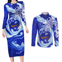 Chuuk Micronesian Roots Couples Matching Long Sleeve Bodycon Dress and Long Sleeve Button Shirt Polynesian Tribal Pattern Hibiscus Flower And Stingray Art
