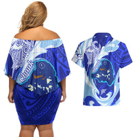 Chuuk Micronesian Roots Couples Matching Off Shoulder Short Dress and Hawaiian Shirt Polynesian Tribal Pattern Hibiscus Flower And Stingray Art