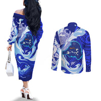 Chuuk Micronesian Roots Couples Matching Off The Shoulder Long Sleeve Dress and Long Sleeve Button Shirt Polynesian Tribal Pattern Hibiscus Flower And Stingray Art