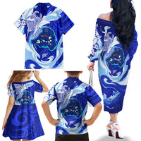 Chuuk Micronesian Roots Family Matching Off The Shoulder Long Sleeve Dress and Hawaiian Shirt Polynesian Tribal Pattern Hibiscus Flower And Stingray Art