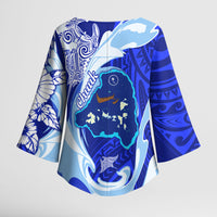 Chuuk Micronesian Roots Kimono Sleeve Blouse Polynesian Tribal Pattern Hibiscus Flower And Stingray Art