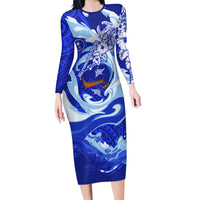 Chuuk Micronesian Roots Long Sleeve Bodycon Dress Polynesian Tribal Pattern Hibiscus Flower And Stingray Art
