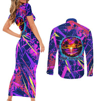 Chuuk Tropical Sunset Coordinates Couples Matching Short Sleeve Bodycon Dress and Long Sleeve Button Shirt Neon Graffiti Polynesian Tribal