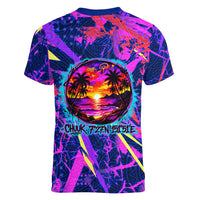 Chuuk Tropical Sunset Coordinates Women V-Neck T-Shirt Neon Graffiti Polynesian Tribal