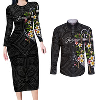 Kosrae Nautical Heritage Couples Matching Long Sleeve Bodycon Dress and Long Sleeve Button Shirt Polynesian Tribal Anchor With Plumeria Tropical Art