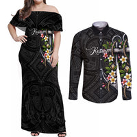 Kosrae Nautical Heritage Couples Matching Off Shoulder Maxi Dress and Long Sleeve Button Shirt Polynesian Tribal Anchor With Plumeria Tropical Art