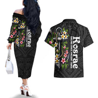Kosrae Nautical Heritage Couples Matching Off The Shoulder Long Sleeve Dress and Hawaiian Shirt Polynesian Tribal Anchor With Plumeria Tropical Art