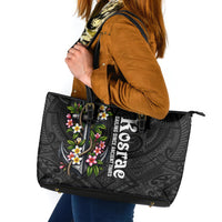 Kosrae Nautical Heritage Leather Tote Bag Polynesian Tribal Anchor With Plumeria Tropical Art
