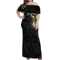 Kosrae Nautical Heritage Off Shoulder Maxi Dress Polynesian Tribal Anchor With Plumeria Tropical Art