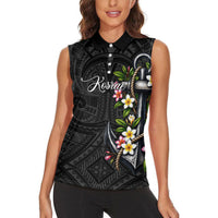 Kosrae Nautical Heritage Women Sleeveless Polo Shirt Polynesian Tribal Anchor With Plumeria Tropical Art