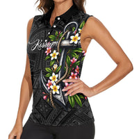 Kosrae Nautical Heritage Women Sleeveless Polo Shirt Polynesian Tribal Anchor With Plumeria Tropical Art