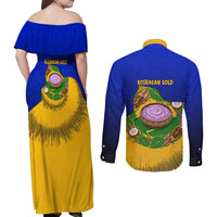 Kosrae Fafa Culinary Heritage Couples Matching Off Shoulder Maxi Dress and Long Sleeve Button Shirt Kosraean Gold Taro Tradition Illustration With Coconut Leaves