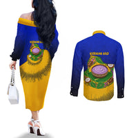 Kosrae Fafa Culinary Heritage Couples Matching Off The Shoulder Long Sleeve Dress and Long Sleeve Button Shirt Kosraean Gold Taro Tradition Illustration With Coconut Leaves