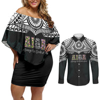 AIGA Always In Gods Arms Samoa Couples Matching Off Shoulder Short Dress and Long Sleeve Button Shirt Polynesian Tribal Tattoo Art Family Heritage Faith TS04 Black White - Polynesian Pride