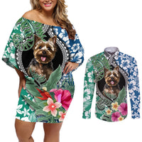 Polynesian Yorkshire Terrier Couples Matching Off Shoulder Short Dress and Long Sleeve Button Shirts Polynesian Pattern And Yorkshire Terrier TS04 Multicolor - Polynesian Pride