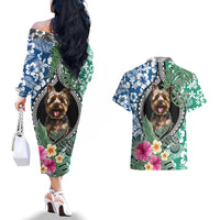 Polynesian Yorkshire Terrier Couples Matching Off The Shoulder Long Sleeve Dress and Hawaiian Shirt Polynesian Pattern And Yorkshire Terrier TS04 - Polynesian Pride