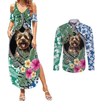 Polynesian Yorkshire Terrier Couples Matching Summer Maxi Dress and Long Sleeve Button Shirts Polynesian Pattern And Yorkshire Terrier TS04 Multicolor - Polynesian Pride
