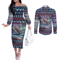 Tonga Christmas Couples Matching Off The Shoulder Long Sleeve Dress and Long Sleeve Button Shirt with Singing Whale Ocean Scene National Coat of Arms TS04 Multicolor - Polynesian Pride