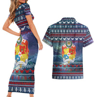 Tonga Christmas Couples Matching Short Sleeve Bodycon Dress and Hawaiian Shirt with Singing Whale Ocean Scene National Coat of Arms - Polynesian Pride