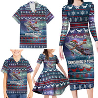Tonga Christmas Family Matching Long Sleeve Bodycon Dress and Hawaiian Shirt with Singing Whale Ocean Scene National Coat of Arms - Polynesian Pride
