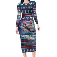 Tonga Christmas Long Sleeve Bodycon Dress with Singing Whale Ocean Scene National Coat of Arms - Polynesian Pride