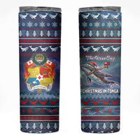 Tonga Christmas Skinny Tumbler with Singing Whale Ocean Scene National Coat of Arms - Polynesian Pride