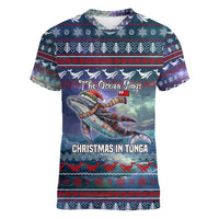 Tonga Christmas Women V-Neck T-Shirt with Singing Whale Ocean Scene National Coat of Arms - Polynesian Pride