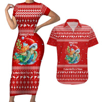 Tonga Christmas Couples Matching Short Sleeve Bodycon Dress and Hawaiian Shirt with Sea Turtle Coral Reef Design Snowflake Pattern and National Emblem - Polynesian Pride