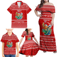Tonga Christmas Family Matching Off Shoulder Maxi Dress and Hawaiian Shirt with Sea Turtle Coral Reef Design Snowflake Pattern and National Emblem - Polynesian Pride