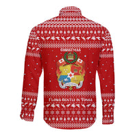 Tonga Christmas Long Sleeve Button Shirt with Sea Turtle Coral Reef Design Snowflake Pattern and National Emblem - Polynesian Pride