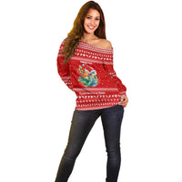 Tonga Christmas Off Shoulder Sweater with Sea Turtle Coral Reef Design Snowflake Pattern and National Emblem - Polynesian Pride