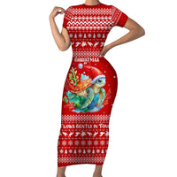 Tonga Christmas Short Sleeve Bodycon Dress with Sea Turtle Coral Reef Design Snowflake Pattern and National Emblem - Polynesian Pride