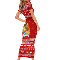 Tonga Christmas Short Sleeve Bodycon Dress with Sea Turtle Coral Reef Design Snowflake Pattern and National Emblem - Polynesian Pride