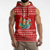 Tonga Christmas Sleeveless Zip Hoodie with Sea Turtle Coral Reef Design Snowflake Pattern and National Emblem - Polynesian Pride