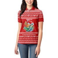 Tonga Christmas Women Polo Shirt with Sea Turtle Coral Reef Design Snowflake Pattern and National Emblem - Polynesian Pride
