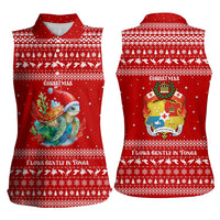 Tonga Christmas Women Sleeveless Polo Shirt with Sea Turtle Coral Reef Design Snowflake Pattern and National Emblem - Polynesian Pride