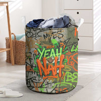 Yeah Nah Graffiti Skull New Zealand Slang Laundry Basket Kiwi Grunge Brick Wall and Bold Urban Street Art