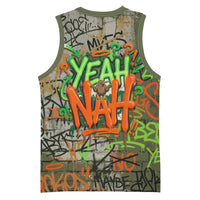 Yeah Nah Graffiti Skull New Zealand Slang Basketball Jersey Kiwi Grunge Brick Wall and Bold Urban Street Art