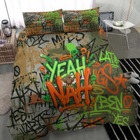 Yeah Nah Graffiti Skull New Zealand Slang Bedding Set Kiwi Grunge Brick Wall and Bold Urban Street Art