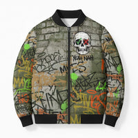 Yeah Nah Graffiti Skull New Zealand Slang Bomber Puffer Jacket Kiwi Grunge Brick Wall and Bold Urban Street Art
