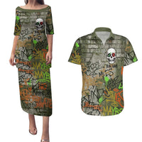 Yeah Nah Graffiti Skull New Zealand Slang Couples Matching Puletasi and Hawaiian Shirt Kiwi Grunge Brick Wall and Bold Urban Street Art