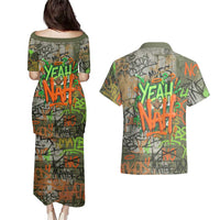 Yeah Nah Graffiti Skull New Zealand Slang Couples Matching Puletasi and Hawaiian Shirt Kiwi Grunge Brick Wall and Bold Urban Street Art