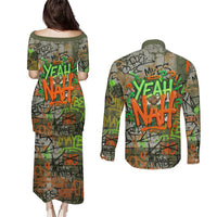 Yeah Nah Graffiti Skull New Zealand Slang Couples Matching Puletasi and Long Sleeve Button Shirt Kiwi Grunge Brick Wall and Bold Urban Street Art