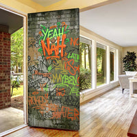 Yeah Nah Graffiti Skull New Zealand Slang Door Cover Kiwi Grunge Brick Wall and Bold Urban Street Art
