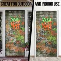 Yeah Nah Graffiti Skull New Zealand Slang Door Cover Kiwi Grunge Brick Wall and Bold Urban Street Art
