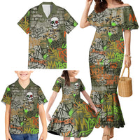 Yeah Nah Graffiti Skull New Zealand Slang Family Matching Mermaid Dress and Hawaiian Shirt Kiwi Grunge Brick Wall and Bold Urban Street Art