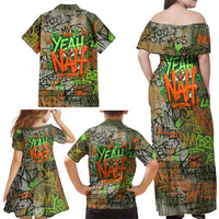 Yeah Nah Graffiti Skull New Zealand Slang Family Matching Off Shoulder Maxi Dress and Hawaiian Shirt Kiwi Grunge Brick Wall and Bold Urban Street Art