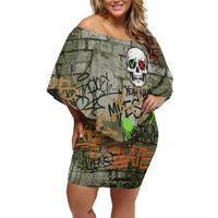 Yeah Nah Graffiti Skull New Zealand Slang Family Matching Off Shoulder Short Dress and Hawaiian Shirt Kiwi Grunge Brick Wall and Bold Urban Street Art