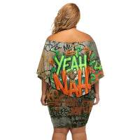 Yeah Nah Graffiti Skull New Zealand Slang Family Matching Off Shoulder Short Dress and Hawaiian Shirt Kiwi Grunge Brick Wall and Bold Urban Street Art