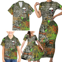 Yeah Nah Graffiti Skull New Zealand Slang Family Matching Short Sleeve Bodycon Dress and Hawaiian Shirt Kiwi Grunge Brick Wall and Bold Urban Street Art